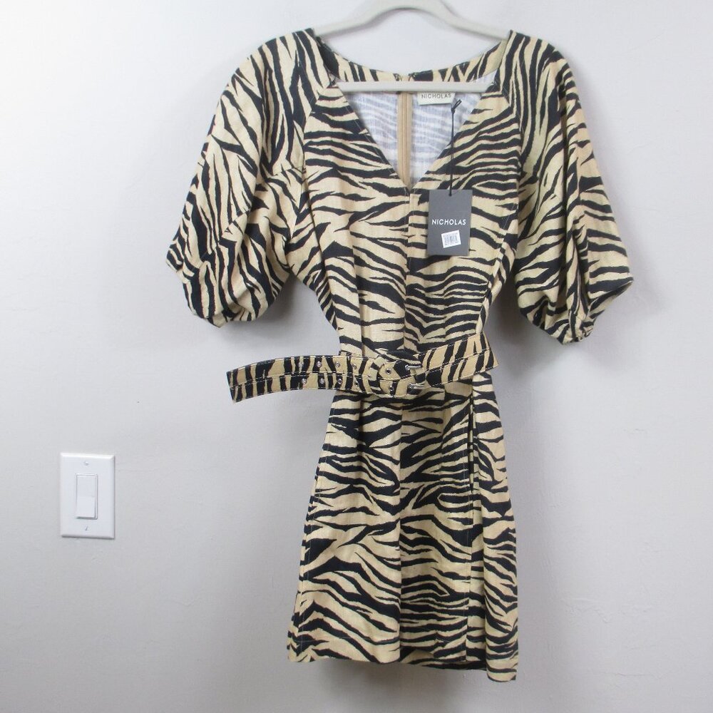 NWT Nicholas Zebra Mini Dress Oversized Puff Sleeves Pockets V Neckline